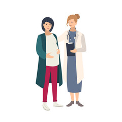 Cheerful pregnant woman standing together with female doctor, physician or midwife and talking to her. Healthy pregnancy, reproductive health. Colorful vector illustration in flat cartoon style.
