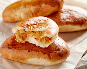 Russian traditional food - hotcakes with fried cabbage