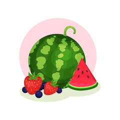 Organic summer products. Ripe watermelon, strawberry and blueberry. Sweet and tasty berries. Healthy food. Flat vector design