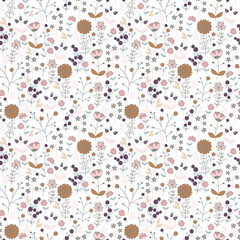 Seamless pattern with nature. Set of different flowers and berries on a white background.
