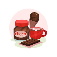 Sweet food products. Cup of cocoa with marshmallows, ice-cream, chocolate bar and jar of paste. Flat vector design