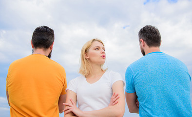 Fototapeta premium Best traits of great boyfriend. Girl thinking whom she going ask dating. Everything you need to know about choosing right guy. Girl stand in front two faceless men. She needs to pick better boyfriend