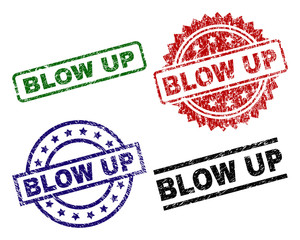 BLOW UP seal prints with damaged texture. Black, green,red,blue vector rubber prints of BLOW UP label with dirty texture. Rubber seals with round, rectangle, rosette shapes.