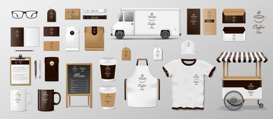 Mockup set for coffee shop, cafe or restaurant. Coffee food package for corporate identity design. Realistic set of cardboard, Food delivery truck, cup, pack, shirt, menu