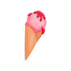 Waffle cone with ball of tasty raspberry ice-cream. Delicious summer dessert. Flat vector for menu or advertising poster.
