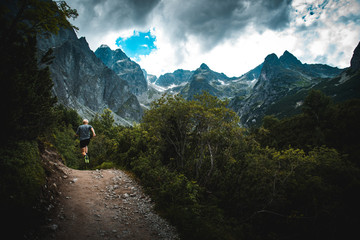 Fototapeta na wymiar Trail runner on the trail into mountains