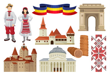 Flat vector set of cultural symbols of Romania. Food, historic architecture, ribbon in color of Romanian tricolor, traditional embroidery and costumes