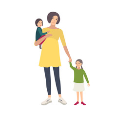 Smiling pregnant woman walking with her daughters isolated on white background. Adorable adult female cartoon character spending time with children. Happy family. Vector illustration in flat style.