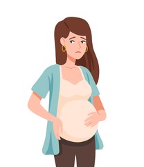 Sad young woman or unhappy pregnant teenage girl isolated on white background. Social problem of adolescent or teen pregnancy. Immature mother. Colorful vector illustration in flat cartoon style.