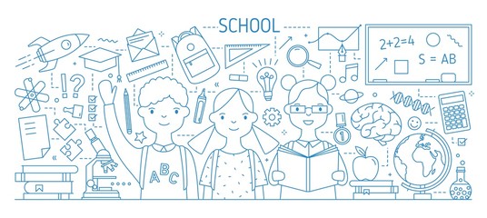 Back to school horizontal web banner with smiling children or pupil, textbooks, stationery drawn with contour lines on white background. Monochrome vector illustration in modern lineart style.