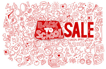 Hand drawn back to school sale doodles and sketch style lettering on yellow background. Vector illustration. For discount banners, posters, flyers. A lot of education icons, study symbols. Red color