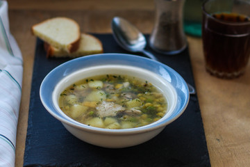 soup with meat and vegetables  dish. food background. Top view with copy space