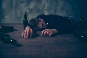 Drunk people person concept. Low angle close up view photo portr
