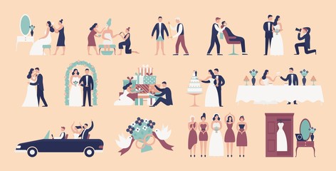 Collection of bride and groom preparing for wedding ceremony. Set of preparations for marriage celebration day isolated on light background. Colorful vector illustration in flat cartoon style.