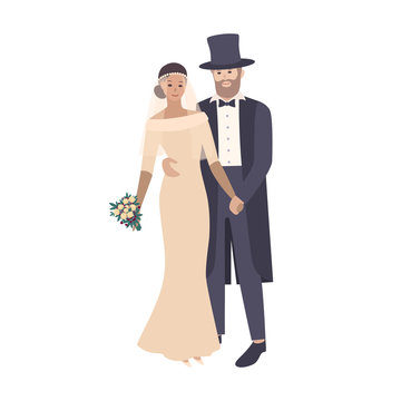 Elegant bride wearing exquisite wedding gown and groom dressed in luxurious tailcoat and top hat