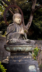 A serene statue of the Buddha sitting on a lotus 