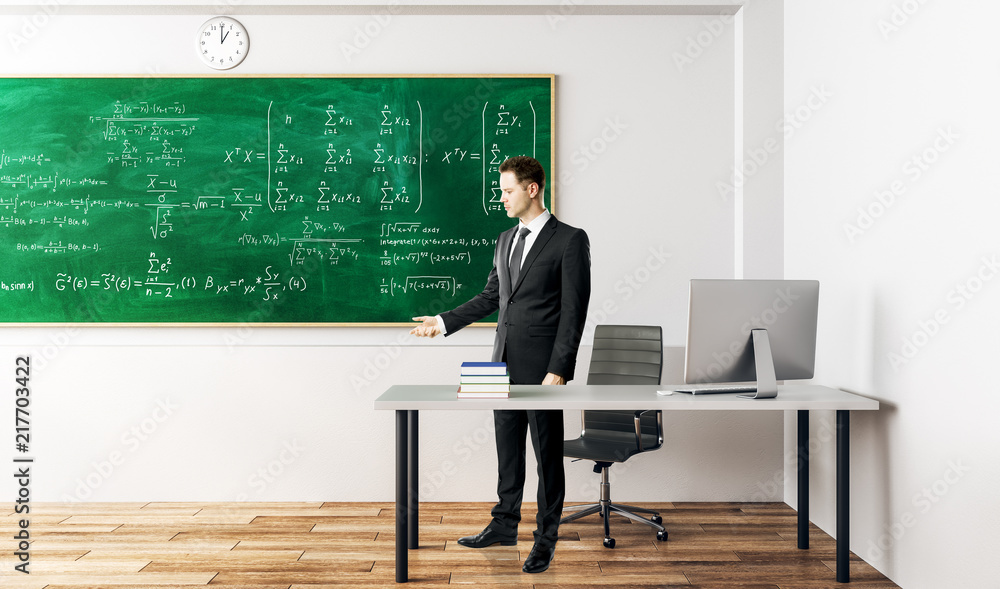 Poster businessman with mathematical formulas