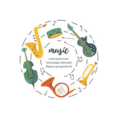 Template for music festival, jazz party, invitation, greeting card, concert poster. Vector illustration with saxophone, guitar, violin, french horn. Flat style. Cycle concept.