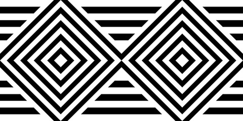Seamless pattern with striped black white straight lines and diagonal inclined lines (zigzag, chevron). Optical illusion effect, op art. Vector vibrant decorative background, texture. - obrazy, fototapety, plakaty