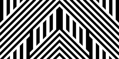 Seamless pattern with striped black white straight lines and diagonal inclined lines (zigzag, chevron). Optical illusion effect, op art. Vector vibrant decorative background, texture.