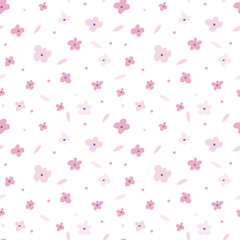 Floral seamless pattern with pink flowers on white background. Repeated light backdrop, soft textile texture. Bright abstract nature wallpaper.