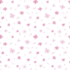 Floral seamless pattern with pink flowers on white background. Repeated light backdrop, soft textile texture. Bright abstract nature wallpaper.