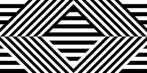 Seamless pattern with striped black white straight lines and diagonal inclined lines (zigzag, chevron). Optical illusion effect, op art. Vector vibrant decorative background, texture.