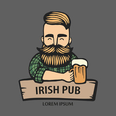 Hand-drawn hipster dude with mustache, beard with beer. Man with glass of alcohol. Vector logo. Stickers, logo, Emblem