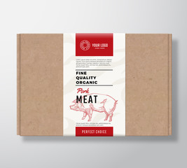 Fine Quality Organic Pork Craft Cardboard Box. Abstract Vector Meat Paper Container with Label Cover. Packaging Design. Modern Typography and Hand Drawn Pig Silhouette Background Layout.