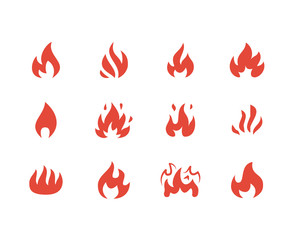 Fire flat glyph icons. Flame shapes silhouette, bonfire vector illustration, flammable warning sign, red color.