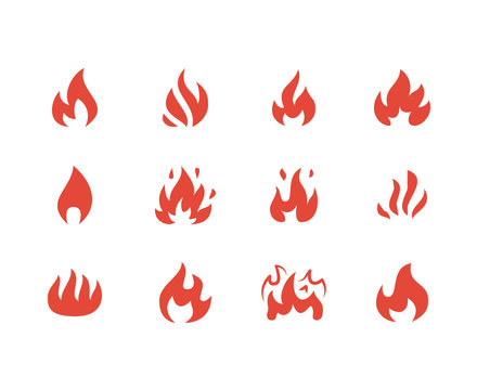Fire flat glyph icons. Flame shapes silhouette, bonfire vector illustration, flammable warning sign, red color.