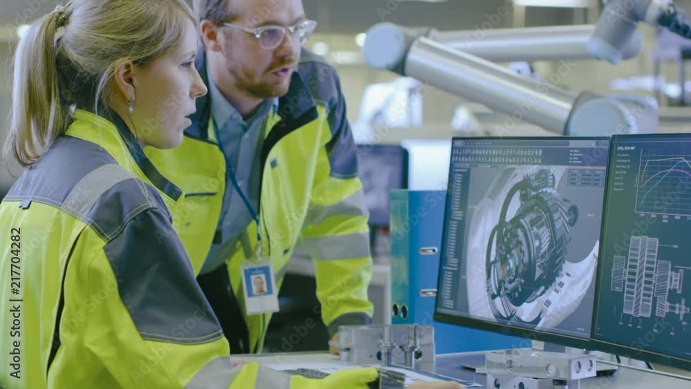 Poster at the factory: male mechanical engineer holds component and female chief engineer work on personal 