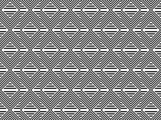 Seamless pattern with striped black white straight lines and diagonal inclined lines. Optical illusion effect. Geometric op art style. Vector illusive background for cloth, textile, print, web.