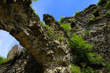 Ancient ruins of the castle of the town of Khust (Dracula Castle). a huge and powerful castle that...
