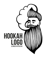 Hookah and-drawn hipster logo with mustache and beard. Man with cloud. Vector hookah logo. Stickers, logo, Emblem