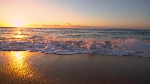 Tropical sunrise over the beach. Sea waves washing the sand.