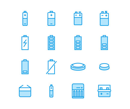 Battery flat line vector icons. Batteries varieties illustrations - aa, alkaline, lithium, car accumulator, charger, full charge. Thin signs for electrical store.