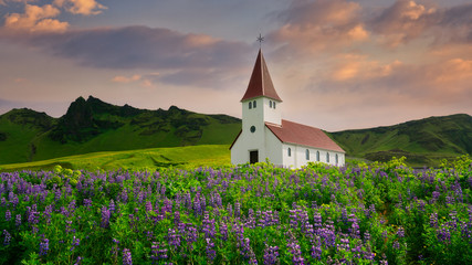 Beautiful scene of Vik church in summer, Southern Iceland