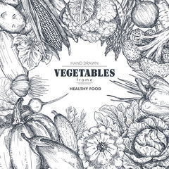 Frame with hand drawn vector farm vegetables in sketch style