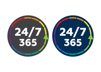 24 on 7 timing badge symbol. Time 365 vector sign