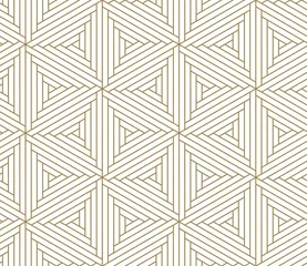 Behang Moderne eenvoudige geometrische vector naadloze patroon met gouden lijn textuur op witte achtergrond. Licht abstract behang, heldere tegelachtergrond. © nadiinko