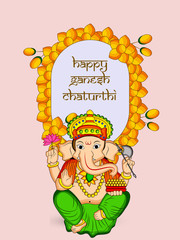 illustration of Hindu God Ganesh with happy Ganesh Chaturthi text on the occasion of Hindu Festival Ganesh Chaturthi 