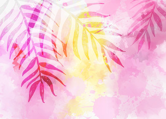 Fototapeta na wymiar Watercolor background with palm leaves