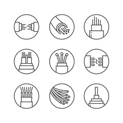 Optical fiber flat line vector icons. Network connection, computer wire, cable bobbin, data transfer. Thin signs in circle shapes for electronics store, internet services.