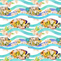 Naklejka na ściany i meble Tropical fishes in spring flowers in waves, stripes. Repeating background. Watercolor