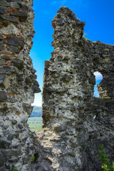 Ancient ruins of the castle of the town of Khust (Dracula Castle). a huge and powerful castle that...