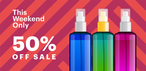 Trendy cosmetic products banner with essence bottles. Modern geometric background with stripes. Big sale poster template.