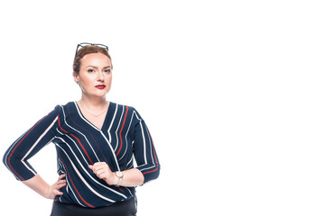 confident businesswoman looking at camera isolated on white background