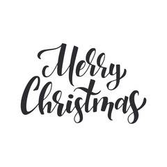 Merry christmas black ink brush lettering. Typography decoration for xmas greeting card. Vector calligraphy isolated on white background.