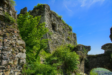 Fototapeta na wymiar Ancient ruins of the castle of the town of Khust (Dracula Castle). a huge and powerful castle that performed a defensive function and played an important role in many battles. Western Ukraine, Europe